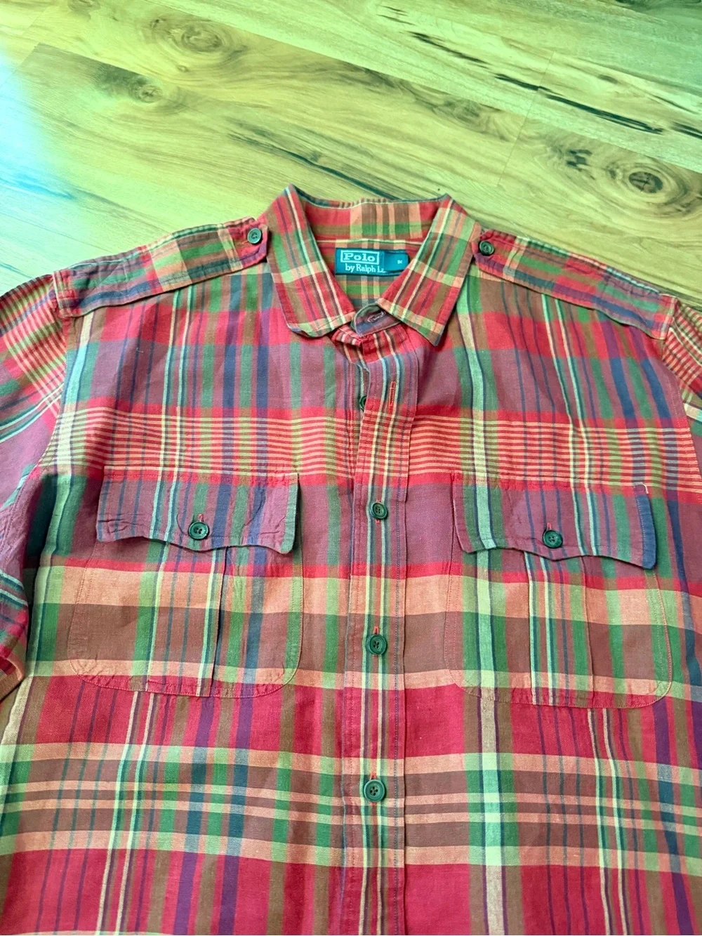 Vintage Polo Ralph Lauren Plaid Linen Cotton Button Front Shirt Men’s XL Red